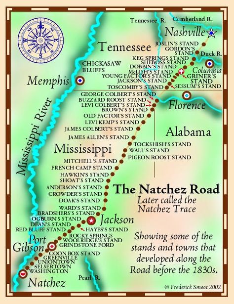 Showing some of the stands and towns that developed along the road before the 1830s Natchez Trace Parkway, Natchez Mississippi, Mississippi Travel, Natchez Trace, American Indian History, Motorcycle Travel, Road Trip Fun, Mississippi River, Rv Travel