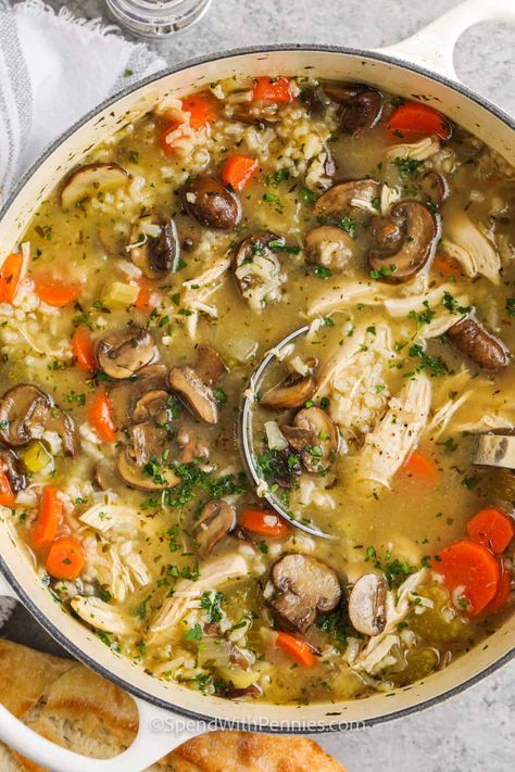 Make this chicken mushroom soup on the stove or in the crockpot. Add a little cream or a can of Campbell's cream of mushroom soup to make this soup extra creamy. This is the best soup recipe for dipping bread or crackers. Serve with a side salad for the perfect meal! #chickenmushroomsoup #mushroomchickensoup #chickenmushroomsouprecipe #spendwithpennies Chicken Mushroom Soup Recipe, Chicken And Mushroom Soup, Chicken Mushroom Soup, Chicken Barley Soup, Dipping Bread, Chicken Tortellini Soup, Chicken And Mushroom, Chicken Tortellini, Raw Chicken Breast