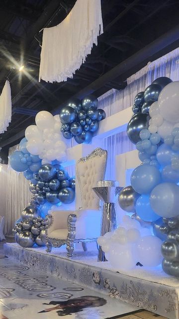 Kouture Kreations by Kristan on Instagram: "We always deliver 🙌🏾 #kouturekreationsbykristan #kouturekidz #sweet16 #atlantakidsbirthday #atlantaeventplanner #atlantapartyplanner #atlantaeventstylist #mompreneur #mompreneurlife #celebratelife" Blue And Silver Sweet 16 Dress, Royalty Themed Sweet 16, Winterwonder Land Theme Sweet 16, Sweet 16 Hall Decorations, Sweet 16 Party Ideas Cinderella Theme, Diamond Sweet 16 Theme, Sweet 16 Color Schemes Blue, Blue And Silver Sweet 16 Decorations, Light Blue White And Silver Sweet 16