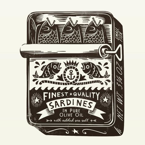 Black and white illustration of a sardine tin, Lino cut / screen print style wall art poster image by Patrick Corrigan Sardine Tin, Lino Art, Lino Cut, Linocut Art, White Illustration, Art Et Illustration, Black And White Posters, Fashion Art Illustration, Screenprinting