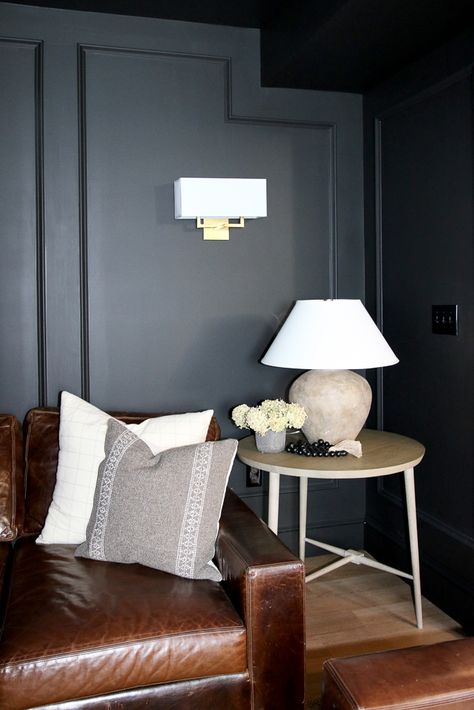 What you need to know before you paint a room all black - Stefana Silber Sw Black Magic, All Black Room, Color Drenching, Best Cabinet Paint, Black Painted Walls, Home Office Built Ins, Black Paint Color, White Blinds, Black Front Doors