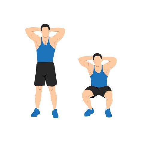 Bodyweight Squat. Young man doing sport exercise. Hand on the back of head flat vector illustration isolated on different layers Exercise Hand, Sport Exercise, Back Of Head, Squat Workout, Flat Vector Illustration, Flat Vector, Body Weight, Mens Fitness, Sport Fitness