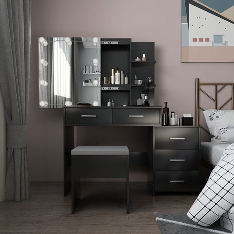 This is a multi-functional dressing table. This model is made of high-quality plates, high-quality metal handles, and high-hardness installation accessories. Black Dressing Tables, Mirrored Cabinet Doors, Sliding Mirror, Dresser Desk, Bedroom Dressing Table, Dressing Table Set, Mirror Cabinet, 2 Shelves, Vanity Desk