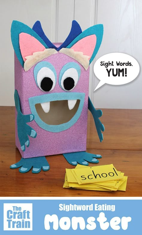 Daycare Contract, Cereal Box Craft, Feed The Monster, Valentine Boxes For School, Train Crafts, Word Games For Kids, Monster Munch, Monster Box, Alphabet Board