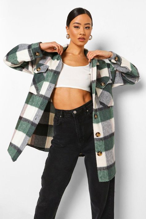 Vinter Mode Outfits, Winter Mode Outfits, Flannel Shacket, Oversized Flannel, Oversize Fashion, Plaid Fashion, Plaid Design, Green Cream, Women's Coats & Jackets