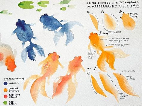 Watercolor Easy, Watercolor Guide, Chinese Watercolor, Ink Techniques, Watercolor Fish, Watercolor Paintings For Beginners, Chinese Brush, Watercolour Inspiration, Watercolor Paintings Easy