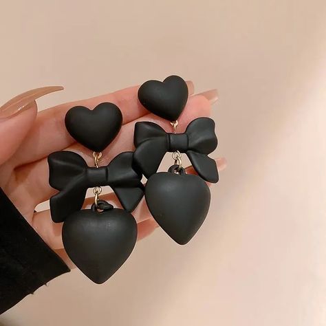 Black Heart Earrings, Daily Jewelry, Heart Dangle Earrings, Black Earrings, Black Ribbon, Black Heart, Black Bow, Ear Jewelry, Heart Earrings