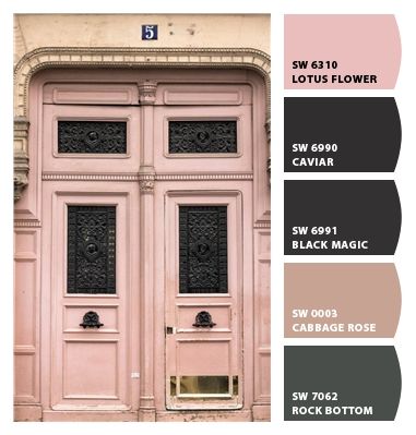 Paint colors from ColorSnap by Sherwin-Williams Pink Outdoor House Paint, Pink Door Black House, Pink And Black Exterior House, White House Black Shutters Pink Door, Cream And Pink House Exterior, Pink And Black House Exterior, Pink Shutters White House, Pink And Brown House Exterior, Mauve Door Exterior