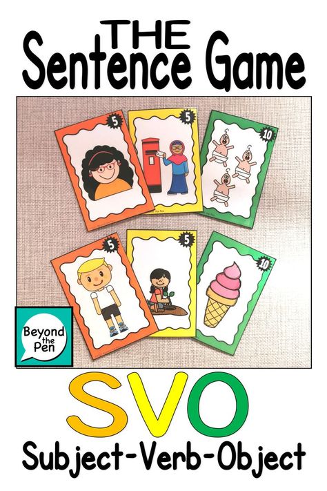 Teach SVO (Subject Verb Object) sentences orally by playing this fun card game. Ideal for EAL/ESL/ELL and year one and year 2 students, it can be used to teach grammar, determiners, verbs, nouns, auxiliary verbs, tenses, vocabulary, simple sentences and so much more. *Uses the colours of Colourful Semantics (Alison Bryant). Subject Verb Object, Verbs Tenses, Colourful Semantics, Auxiliary Verbs, Verbs Activities, Subject Object, Sentence Activities, Sentence Building, Teaching Vocabulary