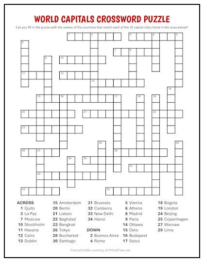 This crossword puzzle for older kids is a great way to help test their knowledge of world capitals, while making it enjoyable at the same time. Makes a perfect classroom supplement or free time activity, and adults may enjoy it as well! Crossword Puzzles For Adults, Kids Crossword Puzzles, Free Printable Crossword Puzzles, Fill In Puzzles, Empty Notebook, Printable Crossword Puzzles, Perfect Classroom, Free Printable Puzzles, Free Time Activities