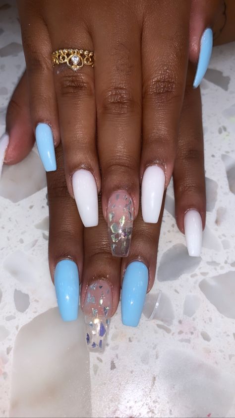 Powder Blue And White Nails, Royal Blue Wedding Nails For Bride, Sky Blue And White Nails, White And Baby Blue Nails, Carolina Blue Nails, Sky Blue Nails Acrylic, Sky Blue Nail Ideas, White And Blue Nails Acrylic, Baby Blue And White Nails