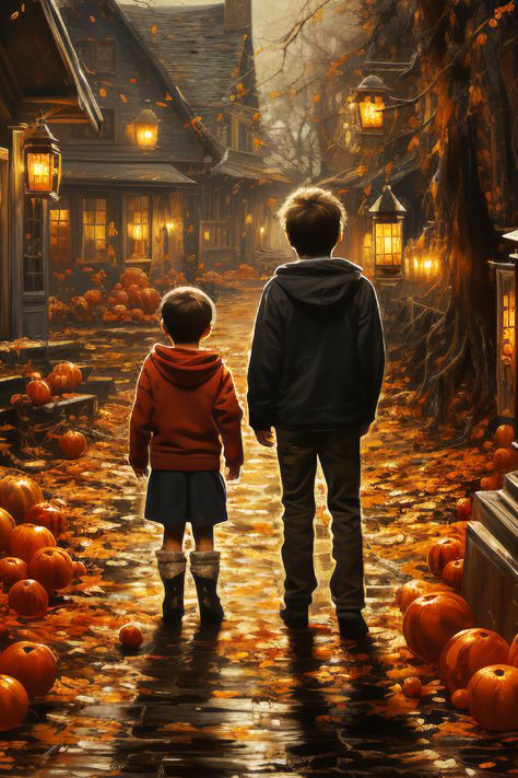 Add a fun touch to your Halloween decor with our Two Boys Trick-Or-Treating canvas print. This halloween wall art showcases the joy and excitement of trick-or-treaters in vivid detail. Perfect for indoor halloween decor, this high-quality halloween art print adds a playful and lively atmosphere. This will surely be one of your favorite Halloween decorations, and it makes great Halloween gifts, too! Our canvas prints are a delightful addition to your halloween scene wall art collection. Mabon Art, Trick Or Treating Aesthetic, Indoor Halloween Decor, Trick Or Treaters, Fall Wall Decor, Halloween Scene, Halloween Wall Art, Halloween Poster, Two Boys