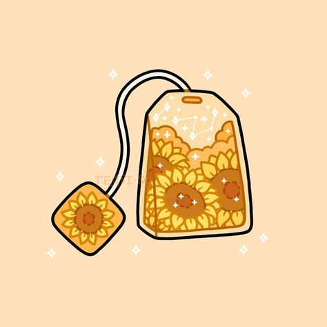 #sunflower #tea #bag #cute #kawaii #drink #soft #aesthetic #clouds #stars #sparkles #bright #yellow #flowers #digitalart #digitalartist #art #drawing #illustration #sticker #artwork Yellow Phone Theme, Sunflower Tea, Amanda The Adventurer, Home Screen Widgets, Fun Beauty Products, Fall Icons, Aesthetic Clouds, Tea Aesthetic, Paint With Me