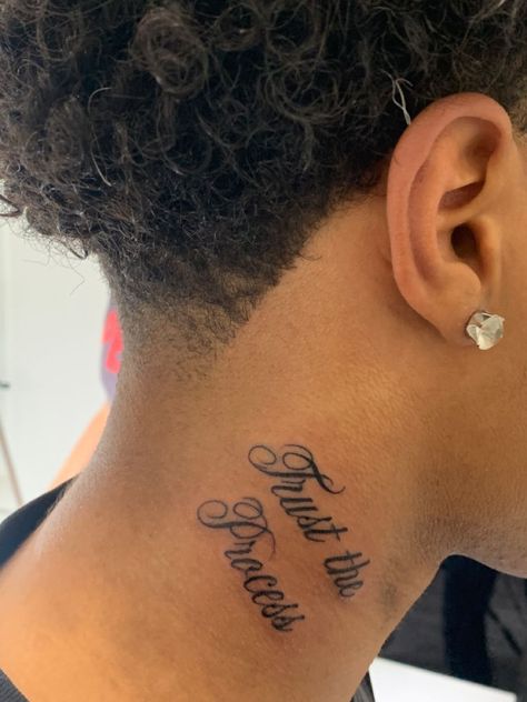 Trust No One Tattoo Neck, Word Neck Tattoo Men, Small Neck Tattoos Men, Tattoo Neck Men, Success Tattoo, Trust The Process Tattoo, Word Neck Tattoos, Small Letter Tattoo, Small Dope Tattoos