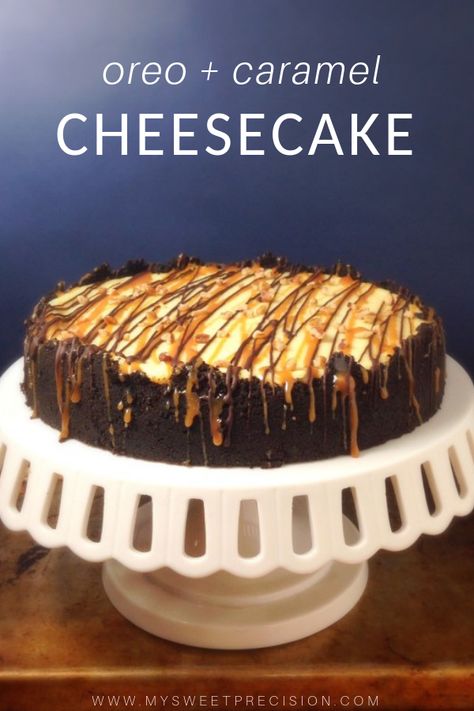 This decadent Oreo and caramel cheesecake is luxurious and rich. The Oreo crust pairs wonderfull with a cream cheesecake filling and caramel and chocolate topping. #cheesecake #chocoalte #caramel #oreo #mysweetprecision Chocolate And Caramel Cheesecake, Oreo Caramel Cheesecake, Chocolate Caramel Cheesecake Recipe, Cream Cheesecake Filling, Caramel Chocolate Cheesecake, Chocolate Caramel Cheesecake, Turtle Cheesecake Recipes, Oreo Crust Cheesecake, Birthday Cheesecake