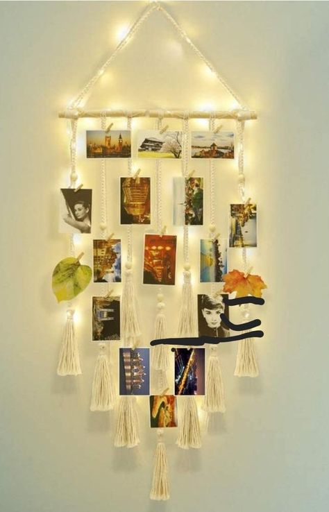 Macrame Photo Wall Hanging, Photo Display Wall, Boho Teen Bedroom, Hanging Photo Display, Picture Frame Collage, Dorm Room Crafts, Clip Picture Frame, Tassel Wall Hang, Photo Wall Display