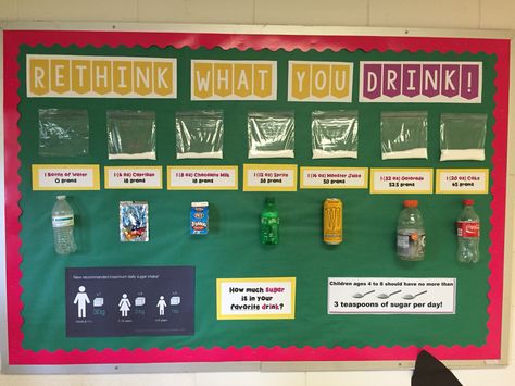 Rethink what you drink bulletin board Rethink Your Drink Bulletin Board, Science Project Board, Nutrition Bulletin Boards, Pe Bulletin Boards, Wellness Fair, Middle School Bulletin Boards, Nurse Bulletin Board, School Nurse Office Decorations, Health Bulletin Boards