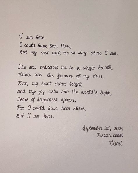 6 a.m. in the morning. I get up and stroll to the sea, listening to the gentle whispers of the waves. In the meantime, I write down my thoughts in a poem, letting the rhythm of the ocean inspire my words.💫💙 Swipe to see the original version and the translation of it ➡️ Poems About The Ocean, Ocean Poem, Happy Tears, In The Meantime, A Poem, Ocean Inspiration, My Thoughts, In The Morning, Get Up