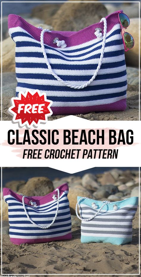 crochet Classic Beach Bag free pattern - easy crochet tote pattern for beginners Crochet Beach Bag Pattern, Beach Bag Crochet, Beach Bag Pattern, Crochet Beach Bag, Tote Crochet, Crochet Tote Pattern, Crochet Beach Bags, Beach Crochet, Crochet Bag Pattern Free