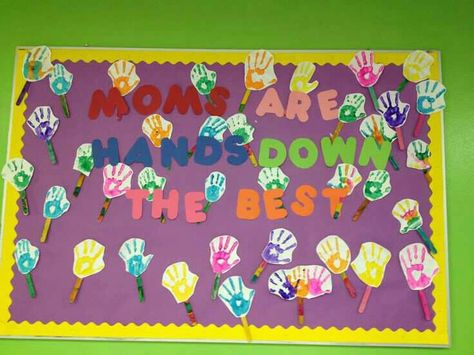 Mother's day bulletin board and craft using handprints and popsicle sticks Mothers Day Bulletin Board Ideas, Mothers Day Bulletin Board, Board Ideas For Preschool, Bulletin Board Ideas For Preschool, Kindergarten Bulletin Boards, Classroom Boards, Mother's Day Theme, Diy Mother's Day Crafts, Daycare Decor