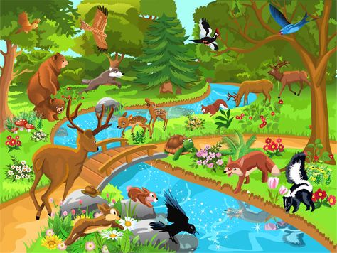 Forest animals coming to drink water. Cartoon illustration with forest animals c , #AFF, #coming, #drink, #Forest, #animals, #water #ad Forest Drawing With Animals, Forest Kids Room, भारतीय इत��िहास, Forest Drawing, Easy Animal Drawings, Forest Pictures, Kids Room Wallpaper, Forest Animals, Cartoon Illustration