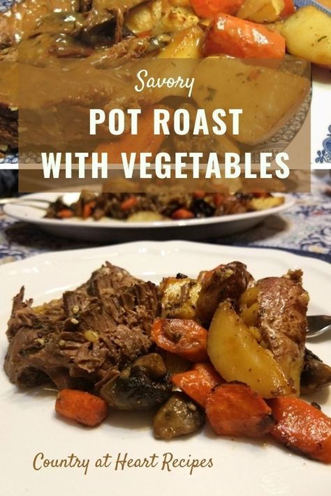 The secret to making a Savory Pot Roast with Vegetables is searing in the juices at the very beginning. Once that's done, let is simmer slowly on the stove. Then use the yummy juices to season the vegetables for roasting in the oven. So good. #savorypotroast #maindishes #comfortfood #beef #chuckroast #roastedvegetables #browngravy #countryatheartrecipes https://countryatheartrecipes.com/2014/05/savory-pot-roast-with-vegetables/ Savory Pot Roast, Pot Roast With Vegetables, Roast With Vegetables, Roast Carrots, Roasted Potatoes And Carrots, Best Pot Roast, Vegetable Appetizers, Pot Roast Recipe, Heart Recipes