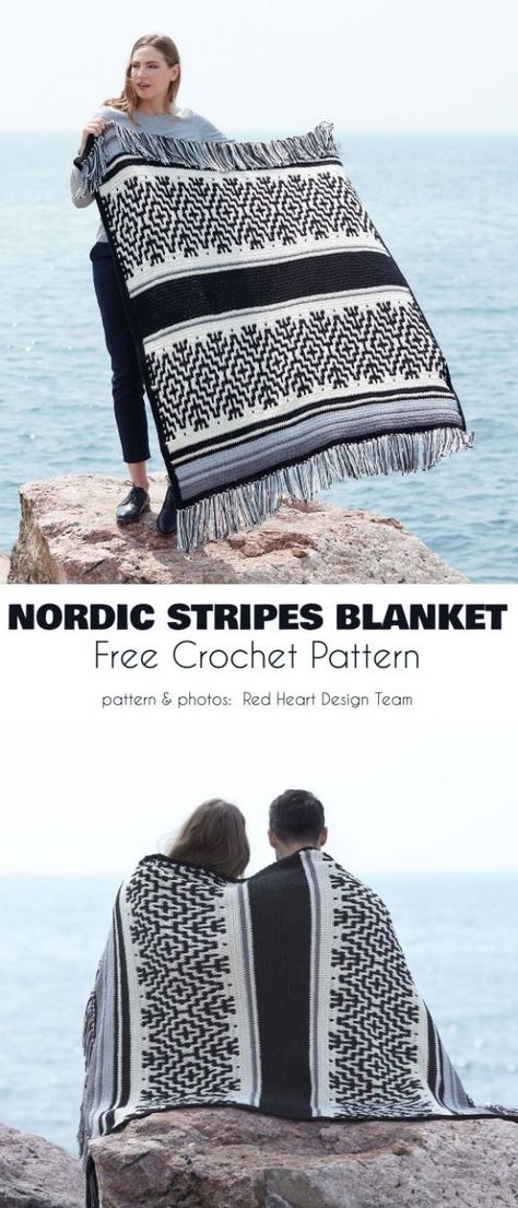 Nordic Stripes Blanket Free Crochet Pattern The Nordic stripes blanket is a Scandinavian-inspired project that makes use of varying and alternating techniques to keep your eyes on the prize and provide a challenge that will build your skills, and a rewarding item at the end. Black And White Blanket, Mosaic Knitting, Knitting Blanket, Amigurumi Knitting, Black Blanket, Crochet Blanket Afghan, Striped Blankets, Blanket Black, Crochet Patterns Free Blanket