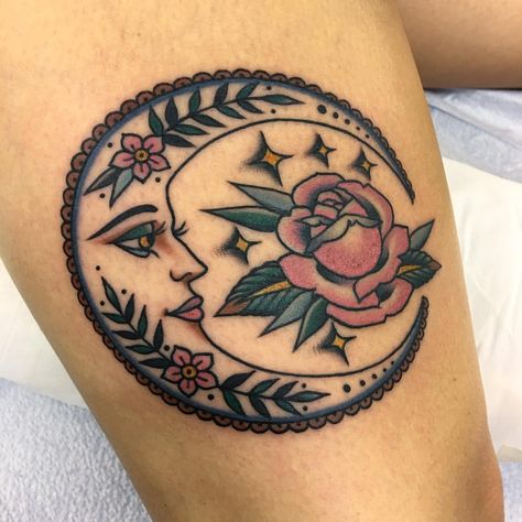 Pretty Lady Tattoo, Quirky Traditional Tattoo, Old School Moon Tattoo, Renee Tattoo, Trad Tattoo Ideas, Traditional Girly Tattoo, Moon Lady Tattoo, Traditional Moon Tattoo, Trad Sleeve