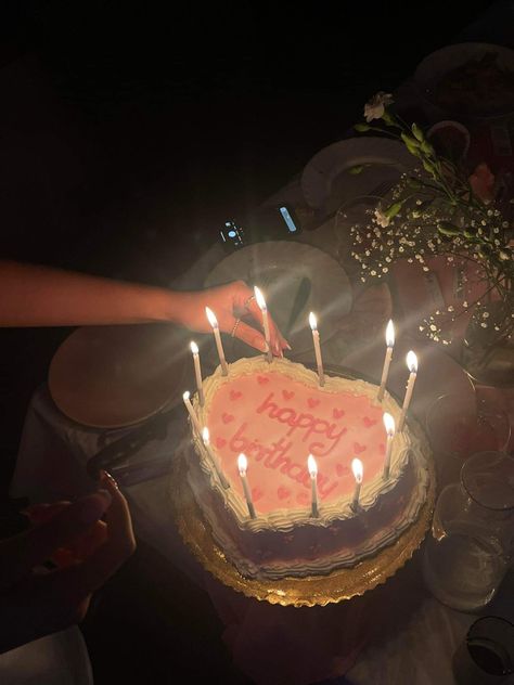 heart shaped cake with candles on it and there are flowers around Cake With Candles Aesthetic, Birthday Cake Candles Aesthetic, Heart Cakes Aesthetic, 16 Candles Cake, Heart Birthday Cake Aesthetic, Heart Bday Cake, Birthday Cake Heart Shape, Heart Shape Birthday Cake, Small Heart Cake