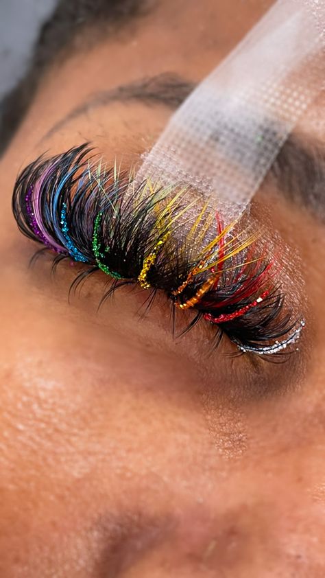 Color lash, glitter lash, lash inspo, wispy Red And Green Lash Extensions, Classic Lashes With Color, Pride Lash Extensions, Rainbow Lash Extensions, Valentines Lash Extensions, Colorful Lash Extensions, Lash Extensions Styles With Color, Pride Lashes, Lash Extensions Color