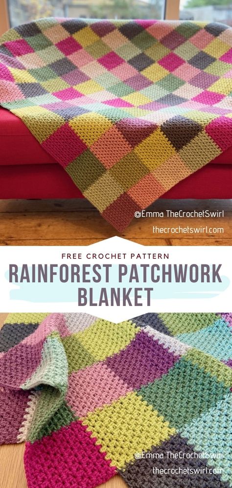 Rainforest Patchwork Blanket Free Crochet Pattern Simple and delightful! If you can't get enough crochet patterns for basic blankets and afghans, start following the work of designer Emma TheCrochetSwirl. #CrochetBlanket #FreeCrochetPattern Rainforest Crochet Patchwork Squares, Rainforest Crochet Patchwork Squares Blanket, Vertical Striped Crochet Blanket, Crocheted Patchwork Blanket, Scrap Wool Crochet Blanket, Crochet Sofa Blanket, Easy C2c Crochet Blanket, Colorblock Crochet Blanket, Crochet Scrap Blankets Free Patterns