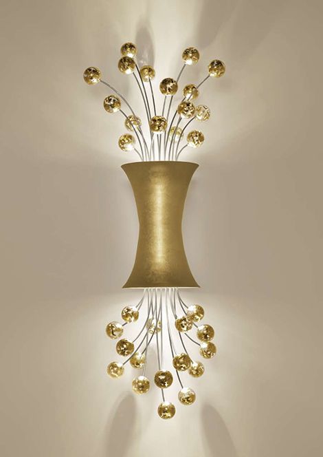 Sconce Lighting in 24ct yellow gold leaf finish by Boyd Lighting Modern Wall Scones, Powder Room Lighting, Contemporary Sconces, Chic Lighting, Wall Lamp Design, Long Gowns, Wall Lighting Design, Modern Wall Sconces, Bathroom Wall Sconces