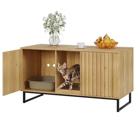 PRICES MAY VARY. 【MULTIFUNCTIONAL CAT LITTER BOX ENCLOSURE】: The natural color hidden cat litter box furniture is perfect for home decoration, not only can be used as a cat house or cat litter box to provide a warm and cozy environment for cats, but also can be used as a side table, TV stand, nightstand, bench, and blend in with your home. The spacious tabletop can also be used to place some living items, such as cat supplies, flower pots, books, and table lamps. 【DOUBLE ROOM DESIGN】:Our litter Ways To Hide Litter Boxes, Hidden Laundry Rooms, Cat Cabinet, Ikea Cat, Hiding Cat Litter Box, Modern Pet Furniture, Hidden Litter Boxes, Cat Houses Indoor, Cat Litter Box Enclosure