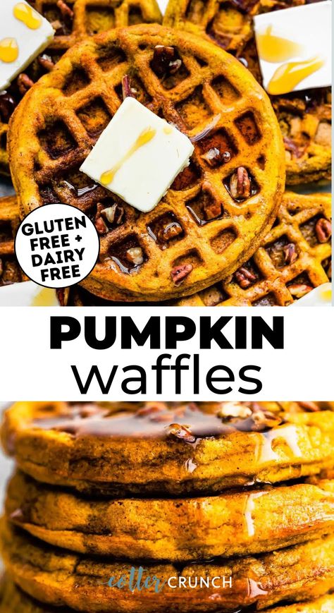 Healthy fall recipes, anyone? These easy Gluten Free Pumpkin Waffles are made with pure pumpkin puree and infused with warm spices for a sweet and healthy pumpkin recipe perfect for fall. Cooked to crisp golden perfection, they’re great to prepare in advance and are so tasty you’ll find yourself making them all year long! Serve these dairy free waffles with your favorite toppings, and enjoy them warm. Vegan Option (egg free) and use oat flour or gluten free flour blend. Pumpkin Growing, Pumpkin Waffles Recipe, Pumpkin Spice Waffles, Recipes Savory, Homemade Pumpkin Spice, Pumpkin Waffles, Brunch Recipe, Autumn Recipes, Fall Breakfast