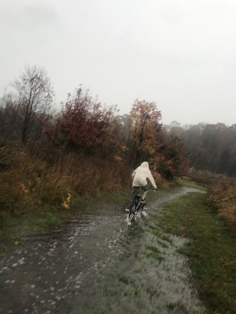 Biking In The Rain Aesthetic, Rainy Bike Ride, Autumn Rain Aesthetic, Rain In Autumn, Rain Core, Wet Autumn, Bike Ride Aesthetic, Biking In The Rain, Fall Rain