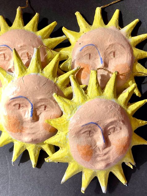 "Vintage Paper Mache Sun Ornament Mid Century Mod Celestial Retro Folk Art 70s Decoration Face Happy and cheerful are these 4 paper mache suns with their adorable hand painted faces! 4\" diameter and in great condition with some very minor rips on the paper. Lovely wall hanging decor, tree ornament or gift topper." Papier Mache Ornaments, Paper Mache Star, Papier Mache Wall Art, Paper Mache Wall Decor, Paper Mache Christmas Decorations, Paper Mache Sun, Christmas Clay Ornaments, Paper Mache Art Projects, Paper Mache Decor