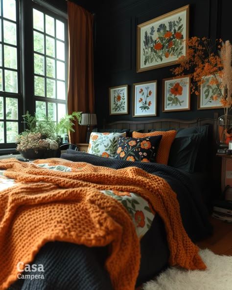 #BEAUTY ,#REALATIONSHIPS #Fashion #Outfits #Winter Outfits #Animals Orange Curtains Bedroom Room Ideas, Master Bedrooms Decor Bold Colors, Mustard And Black Color Palette, Dark Coloured Bedroom Ideas, Moody Colorful Bedroom, Moody Color Palette Bedroom, Fall Bed Ideas, Black And Orange Bedroom Ideas, Dark Master Bedrooms Decor Colors