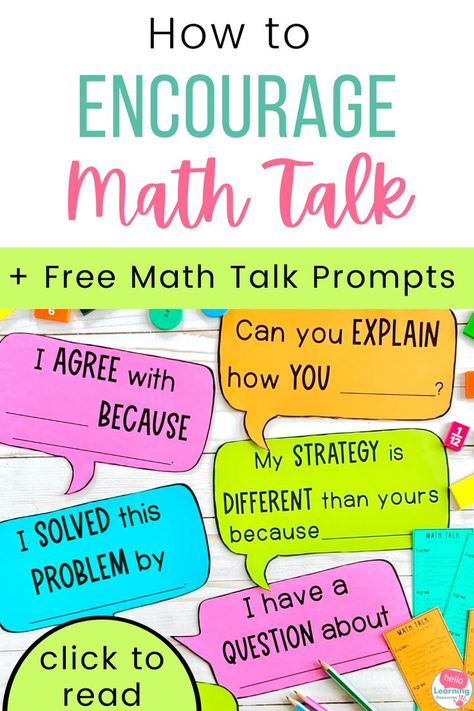 Are you looking for a way to get your students to participate and contribute to discussion during math talk? This FREE set of math talk sentence starters by Hello Learning includes 18 speech bubbles with sentence frames and a matching bookmark for students. Hang the math talk sentence starters up on a bulletin board for a great reference during math discussions. Help your students become effective communicators with this free resource. Click to sign up and grab the resource today! Math Talk Sentence Starters, Talk Moves Anchor Chart Classroom, Math Sentence Stems, Discussion Sentence Starters, 2nd Grade Math Board, Math Choice Boards 3rd, Building Thinking Classrooms, Math Sentence Starters, Math Talk Anchor Chart