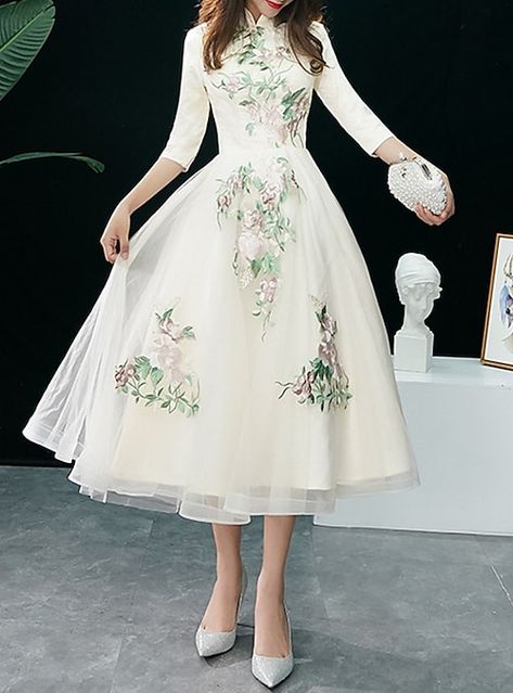 Silhouette:A-Line; Hemline / Train:Tea Length; Closure:Zipper UP; Built-In Bra:Yes; Embellishment:Appliques; Fabric:Tulle; Sleeve Length:Half Sleeve; Tips:Professional dry cleaner only,Colors may vary slightly due to different monitor settings; Boning:Yes; Style:Elegant,Floral; Occasion:Cocktail Party,Party Wear; Neckline:Stand Collar; Brand:LAN TING Express; Front page:Cocktail Dresses; Listing Date:06/22/2021; Bust:; Hips:; Waist:; SizeChart1_ID:20:170808 Cocktail Dress Elegant, Cheap Prom Dresses Online, Tea Length Tulle, Cheap Party Dresses, Elegant Cocktail Dress, A Line Cocktail Dress, Party Dresses Online, Dress Wedding Guest, Party Kleidung