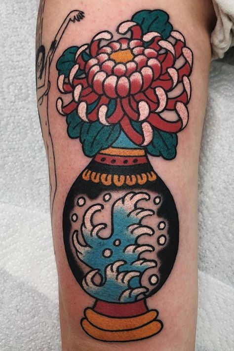 Neotrad Chrysanthemum, Traditional Flower Vase Tattoo, Japanese Vase Tattoo, Traditional Chrysanthemum Tattoo, Traditional Vase Tattoos, Vases Tattoo, Traditional Tattoo Vase, Japanese Chrysanthemum Tattoo, Chrysanthemum Tattoos