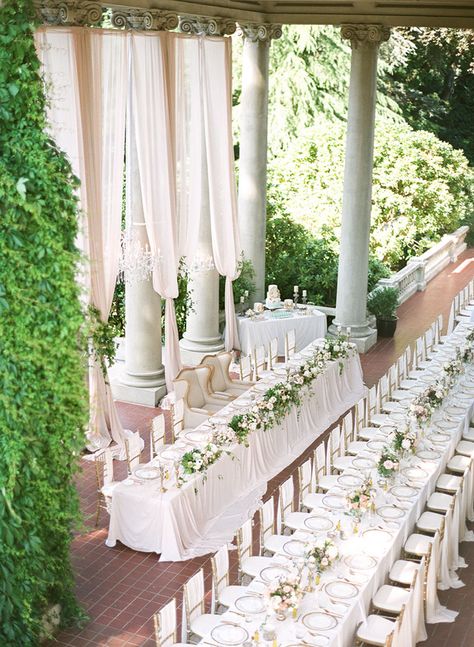 Dreamy Draped Wedding At Hycroft Manor ~ Nude chiffon hangs from columns creating a dreamy romantic look; Myrtle et Olive & Blush Wedding Photography Wedding Arch White, Wedding Reception Tables Layout, Rosé Hair, Hycroft Manor, Draping Wedding, Martha Weddings, Wedding Reception Seating, Summer Wedding Decorations, Ceremony Design