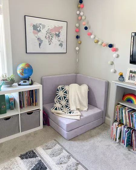 Reading Corner Playroom Ideas, Nugget Corner Couch, Nugget Couch Corner Ideas, Nugget Couch Corner, Play Couch Reading Nook, Nugget Couch Reading Corner, Nugget Room Ideas, Nugget In Bedroom, Nugget Couch Bedroom