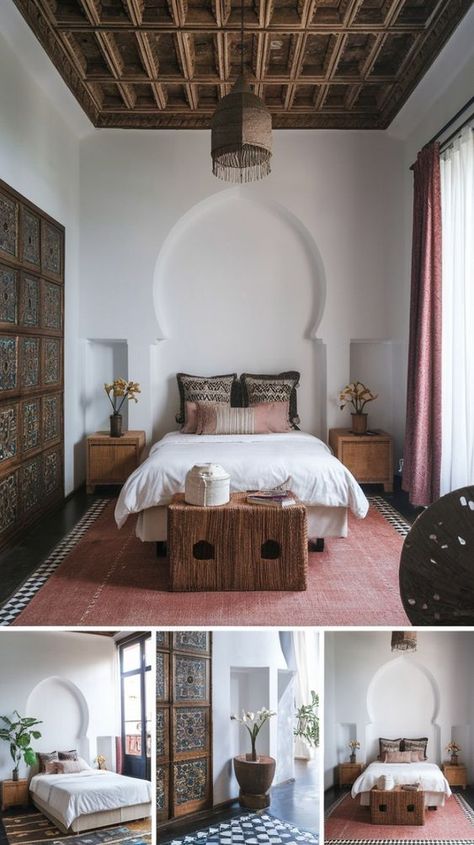 Create an exotic, luxurious retreat with these 4 stunning Moroccan bedroom ideas, featuring vibrant colors, intricate patterns, and rich textures. Moroccan Interiors Bedroom, Arab Bedroom, Arabic Bedroom, Arabian Bedroom, Moroccan Style Interior Design, Funky Bedroom Decor, Moroccan Style Bedroom, Moroccan Bedroom Ideas, Moroccan Inspired Bedroom