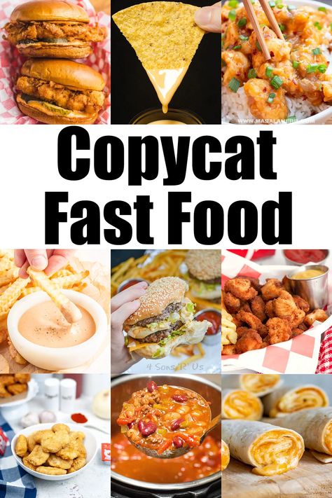 A nine photo collage showing several homemade fast food recipes. Text at the top reads "copycat fast food". Homemade Cheat Meals, Hungry Howies Copycat, At Home Fast Food, Fastfood Copycat Recipe, Mcdonalds Food Recipes, Fast Food To Make At Home Easy Recipes, At Home Fast Food Recipes, Copycat Fast Food Restaurant Recipes, Vegan Fast Food Copycat Recipes