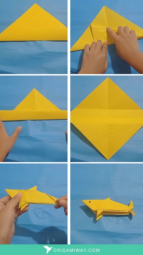 A yellow paper origami shark Origami Shark Tutorial, Shark Origami Easy, Shark Origami, Origami Workshop, Shark Diy, Paper Shark, Shark Week Crafts, Shark Crafts, Origami Shark