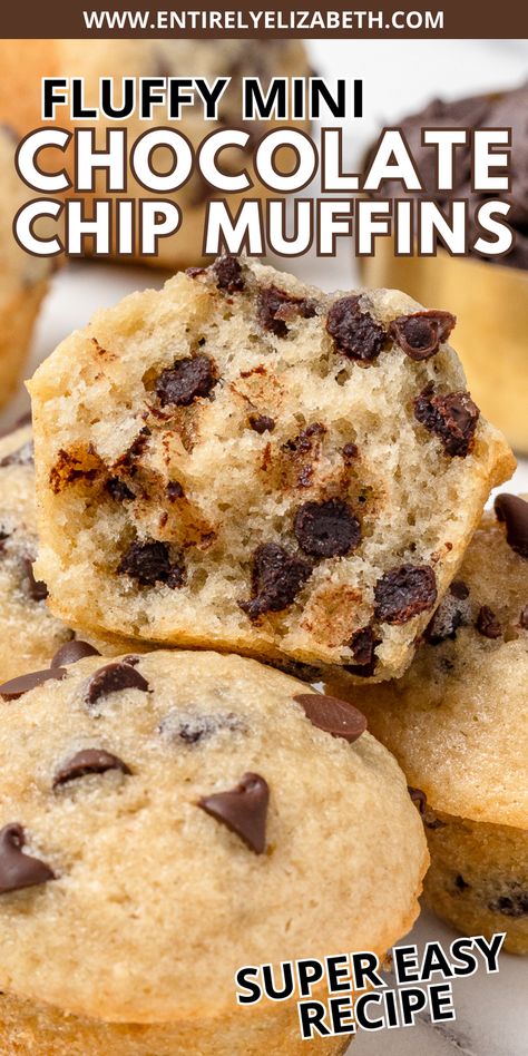 Satisfy your cravings with these super fluffy mini chocolate chip muffins that are soft, buttery, and loaded with chocolatey flavor - perfect for an on-the-go breakfast or snack. This easy muffin recipe needs just 11 ingredients and bakes up 24 mini muffins in under 40 minutes. Entirely Elizabeth, Easy Muffin Recipe, Chocolate Chip Marshmallow Cookies, Mini Muffin Recipe, Mini Chocolate Chip Muffins, Dessert Breads, Chocolate Peanut Butter Pie, Simple Muffin Recipe, Mini Muffin Pan