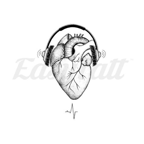 Music Heart - By Audrey Rohfritsch - Temporary Tattoo Music Therapy Tattoo Designs, Heart With Headphones Tattoo, Tattoo Ideas About Music, Music Is Healing Tattoo, Heart And Music Tattoo, Skeleton With Headphones Tattoo, Music And Heart Tattoos, Music Is Therapy Tattoo, House Music Tattoo Ideas