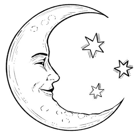 Moon Crescent Drawing, Moon With Face Drawing, Moon Face Drawing, Moon And Stars Drawing, Minimal Doodles, Moon Face Tattoo, Crescent Moon Drawing, Sun Healing, Moon Line Art