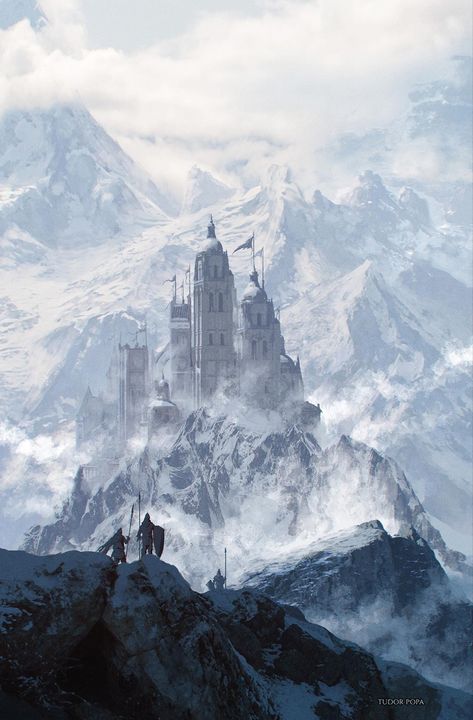 Snow Kingdom Fantasy Art, Snow Kingdom, Frozen Castle, Fantasy Town, Medieval Fortress, Location Inspiration, Snowy Mountain, Paintings And Drawings, 다크 판타지