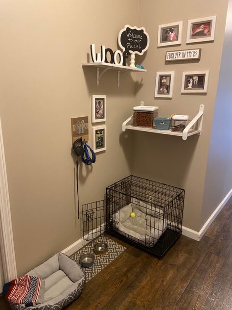 Dog Crate Set Up Puppys, Aesthetic Dog Area In Bedroom, Aesthetic Dog Corner, Small Dog Spaces In House, Spoiled Puppy Aesthetic, Dog Space In Bedroom, Dog Organization Station Small Spaces, Puppy Areas In Home, Pet Area Ideas